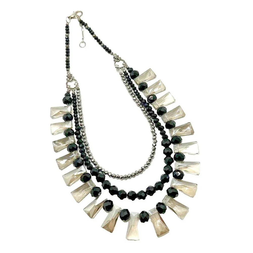 Vintage Crystal Collar Necklace Black Smoky Bead Multi Strand Statement 18